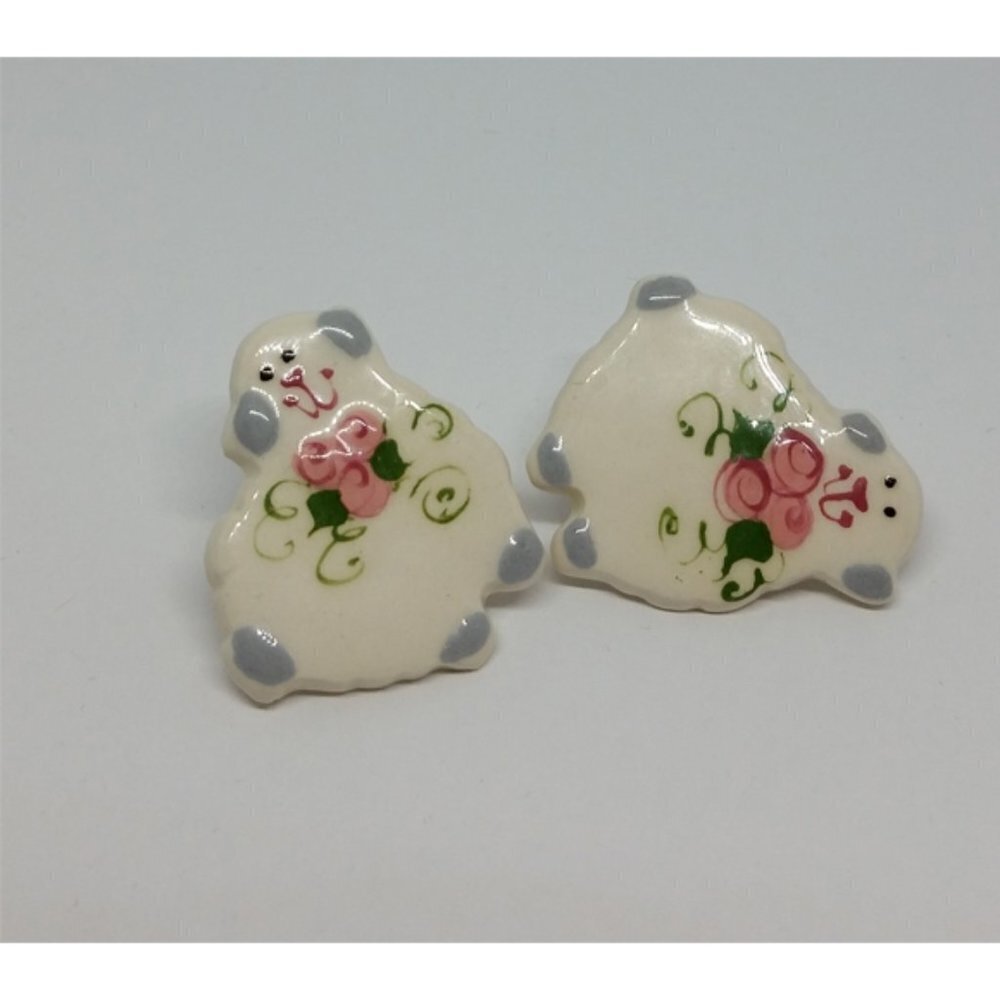 VINTAGE handmade ceramic fun whimsy sheep earrings